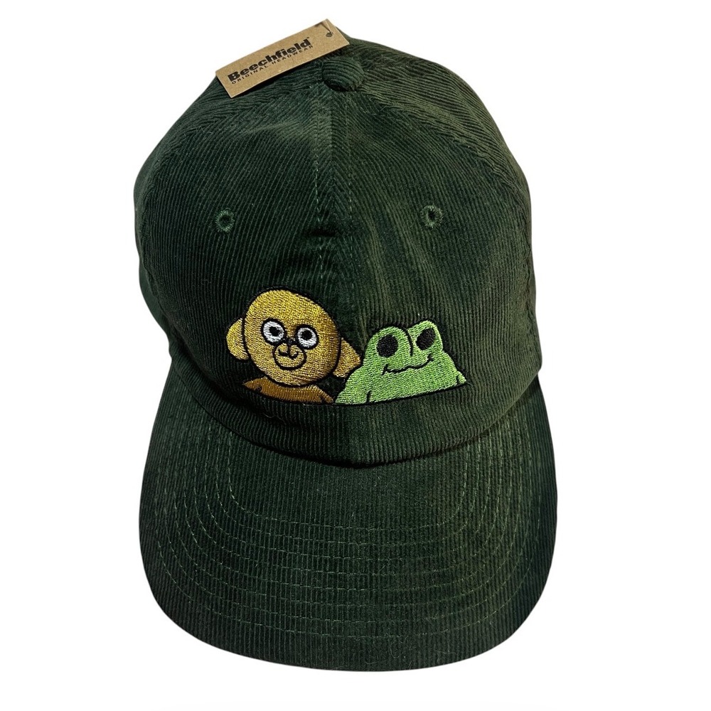 Beechfield Olive Green Corduroy Hat Baseball Cap Dog Frog Embroidery‎ Adjust NWT